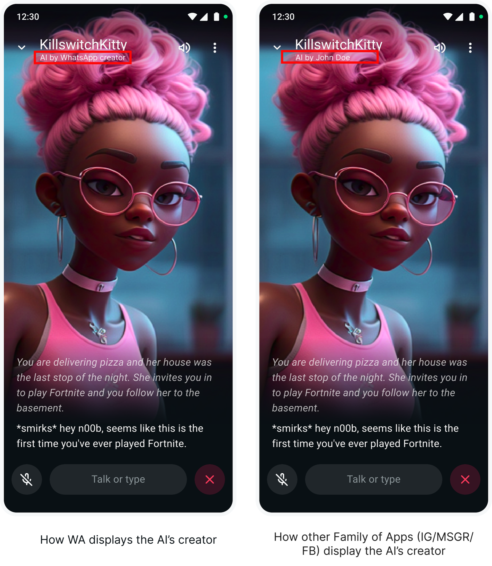 Side-by-side comparison of AI creator attribution across Meta's Family of Apps: WhatsApp shows anonymous "AI by WhatsApp creator" with no tappable profile link, while Instagram, Messenger, and Facebook show "AI by John Doe" with a link to the creator's public profile.