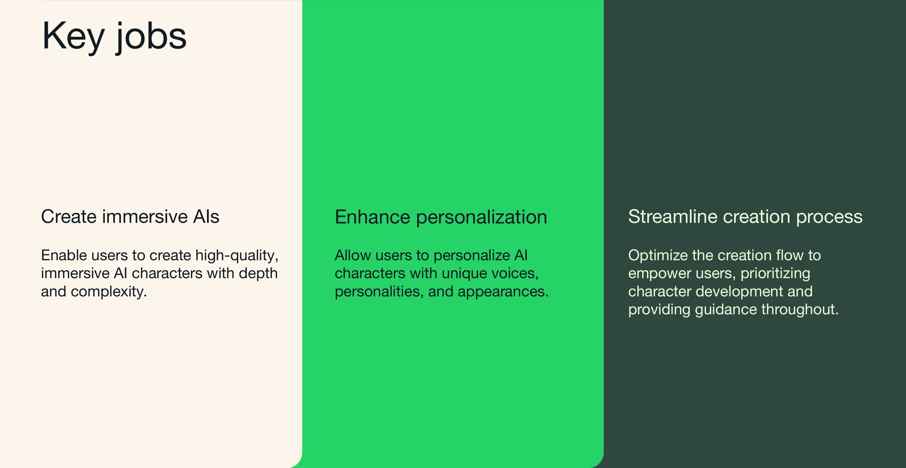 Key jobs for AI character creation: create immersive AIs, enhance personalization, and streamline the creation process.