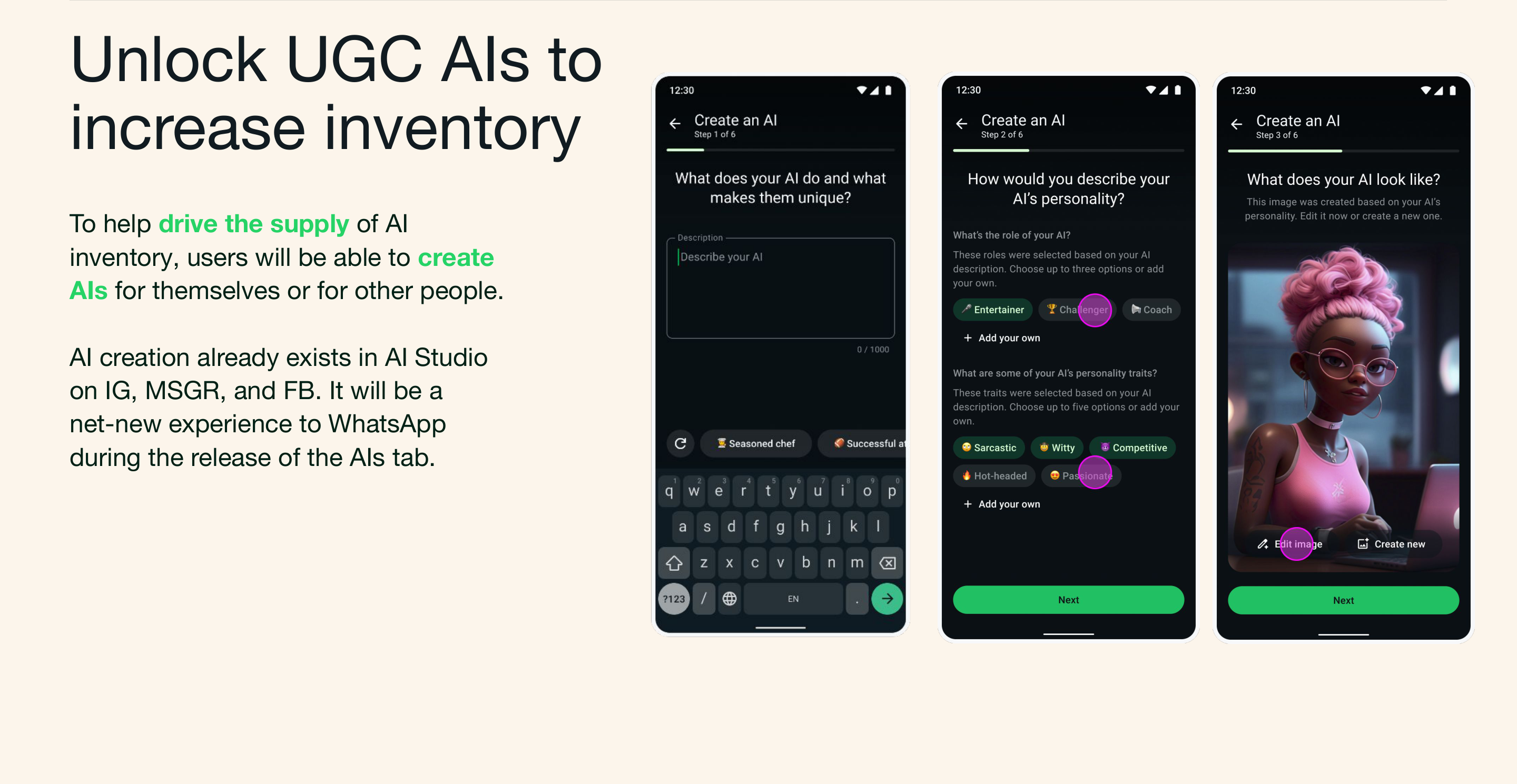 Unlock user-generated AIs to increase inventory, with early creation flow mockups for description, personality, and avatar steps.