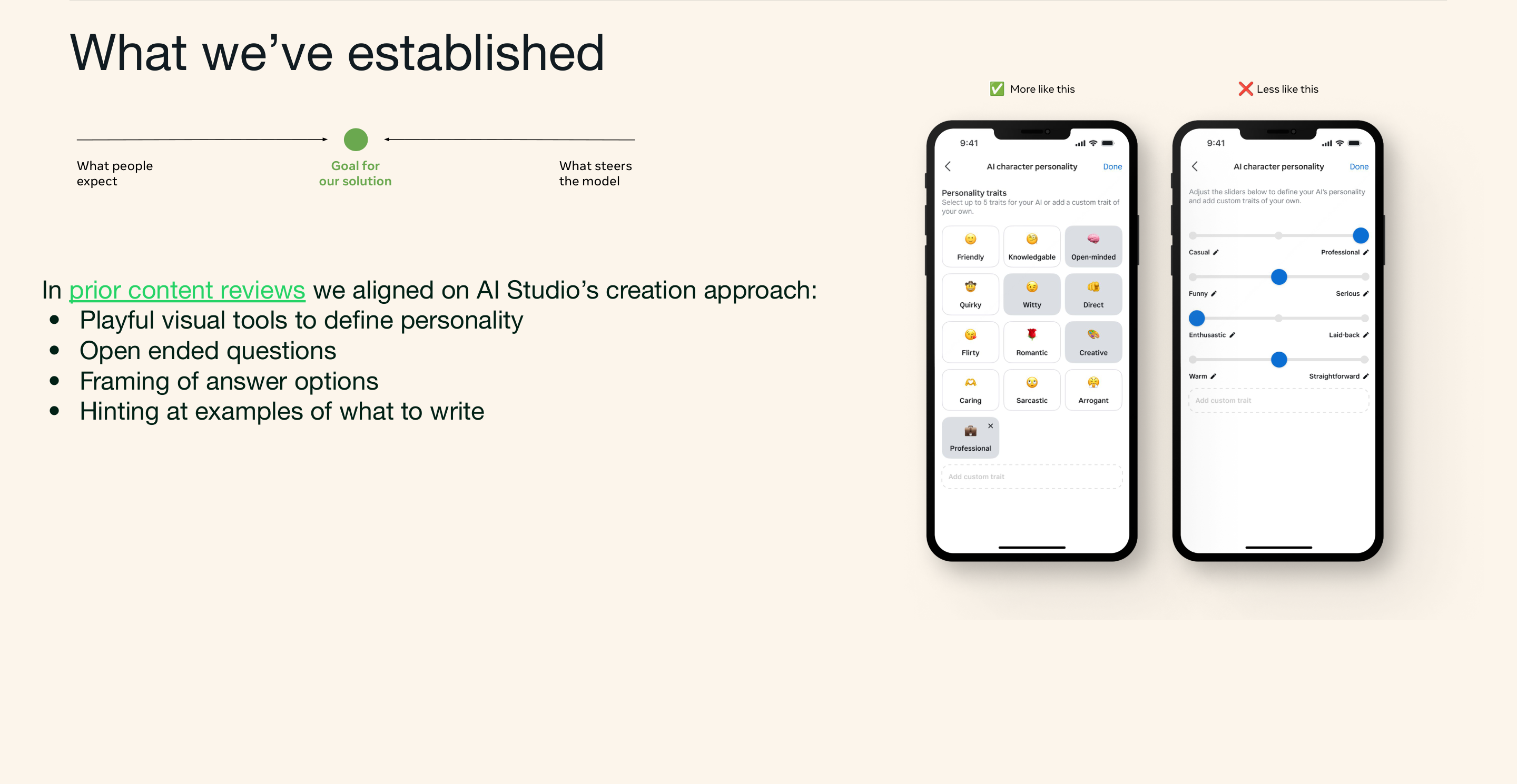 Established creation approach using playful visual tools, open-ended questions, and trait chips instead of abstract personality sliders.