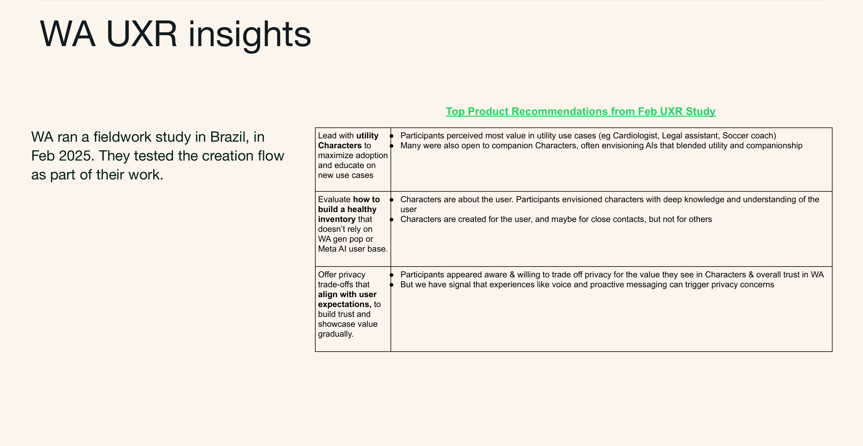WhatsApp UXR insights from Brazil fieldwork in February 2025 on utility characters, inventory strategy, and privacy trade-offs.