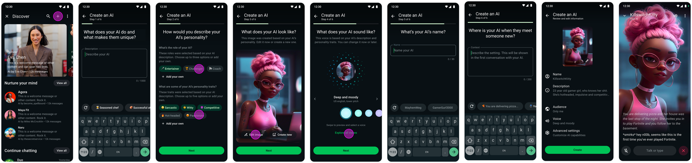 End-to-end creation flow: discovery, six guided steps (describe, personality, looks, voice, name, location), review, and the resulting AI chat.