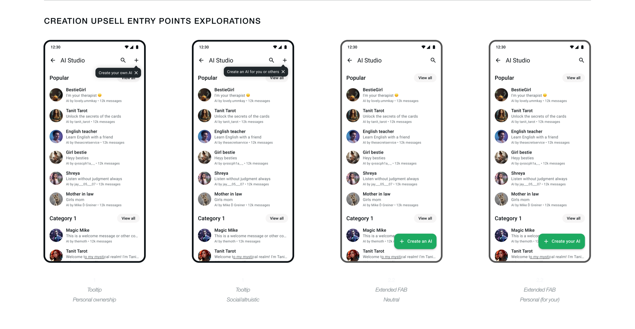 Findability sprint: tooltips and entry-point chips demystifying the + icon for AI creation, with high-intent labels like "Create your own AI" replacing generic Create copy at the WhatsApp creation entry point.