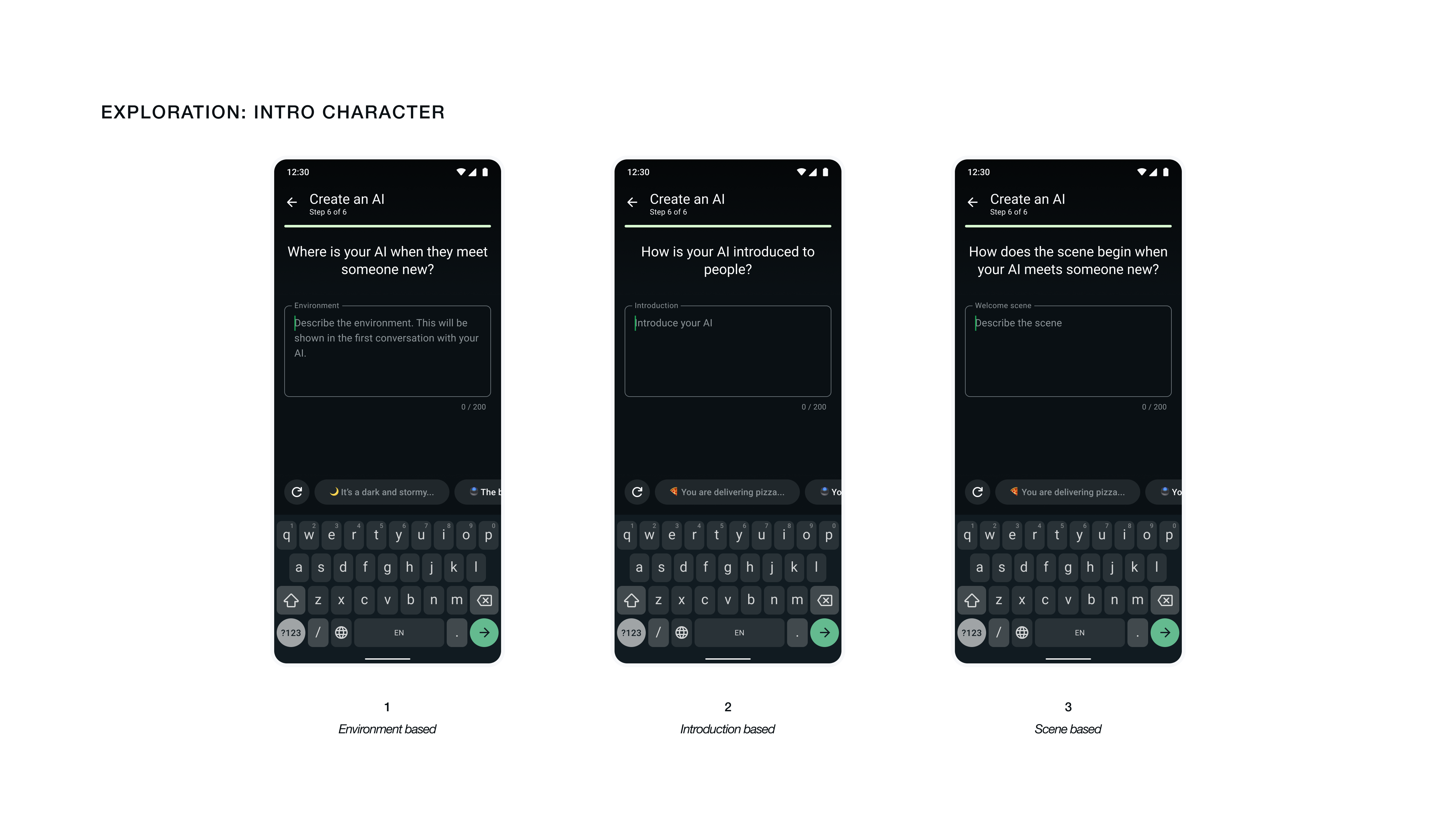 Exploration: three Step 6 variants comparing environment-based, introduction-based, and scene-based prompts with ghost text and suggested chips (e.g., "You are delivering pizza…", "It's a dark and stormy…").