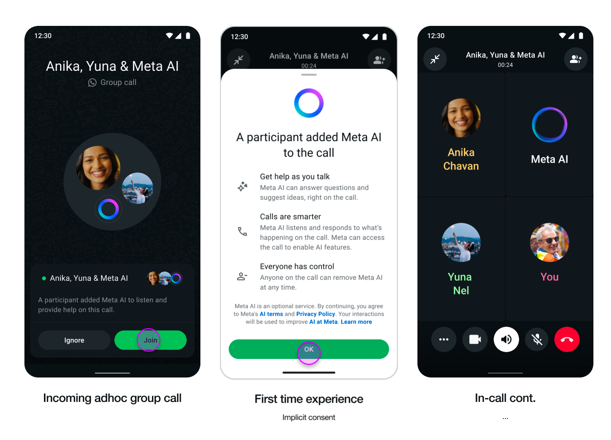 WhatsApp call screen: joining a call with Meta AI for the first time.