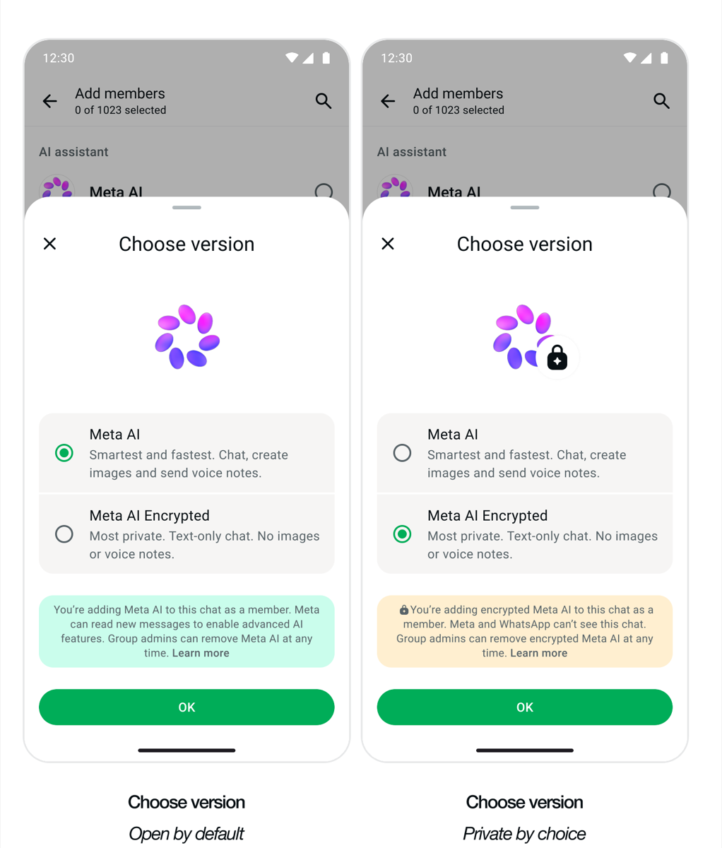 Aligned messaging: model picker UI for choosing Meta AI or Meta AI Encrypted.