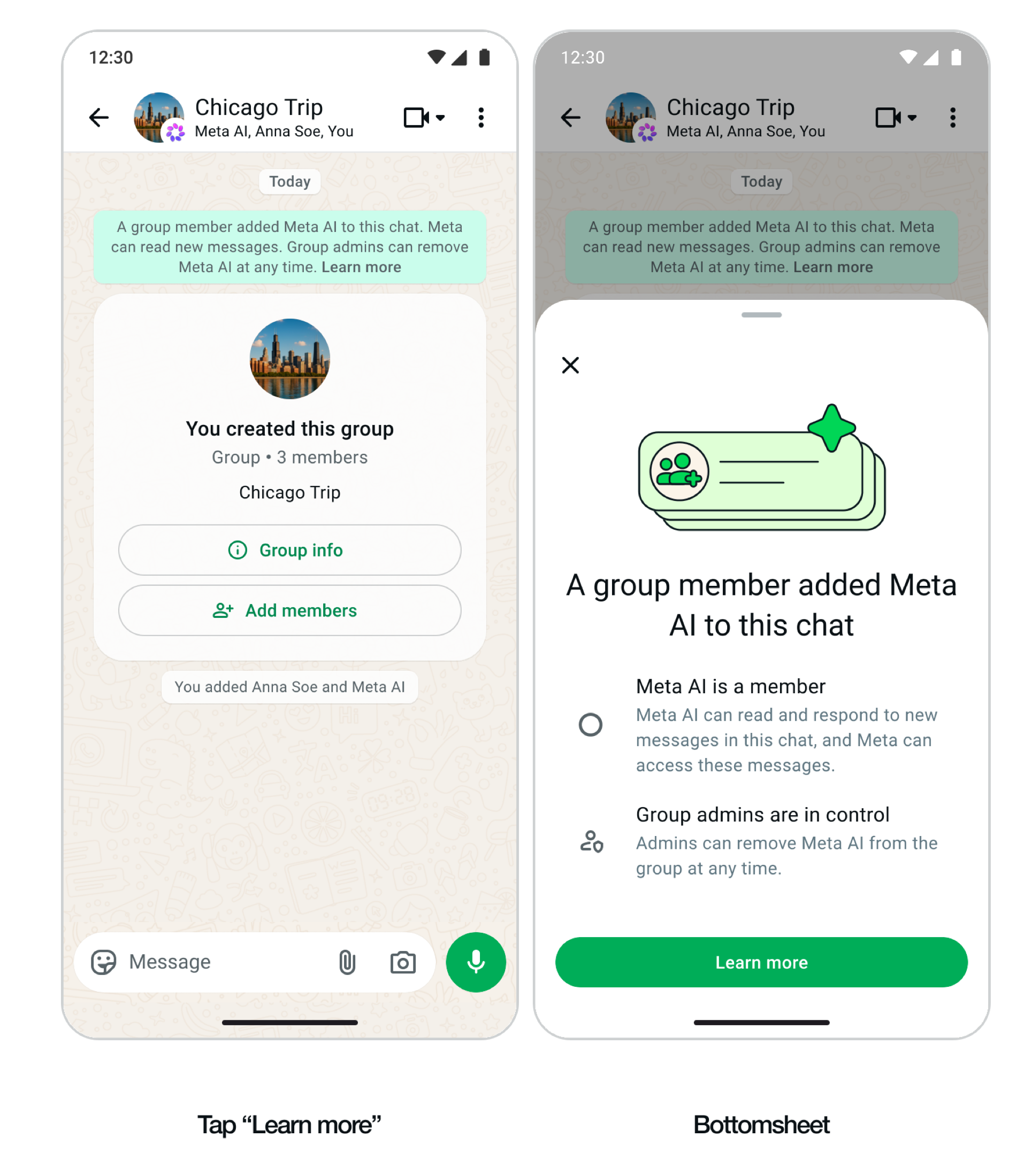Meta AI (open): Learn more bottom sheet transparency.