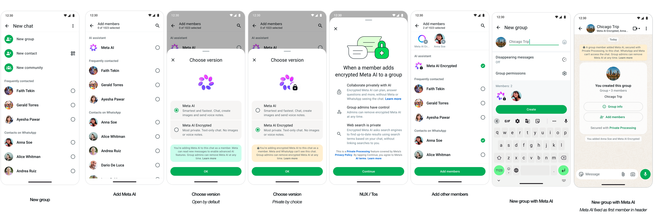 Meta AI Encrypted (TEE): full flow for creating a new group with picker, disclosures, and confirmations.