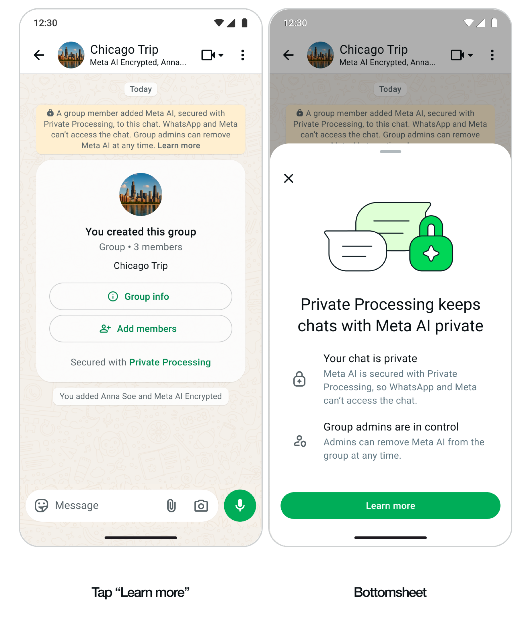 Meta AI Encrypted (TEE): Learn more bottom sheet transparency.