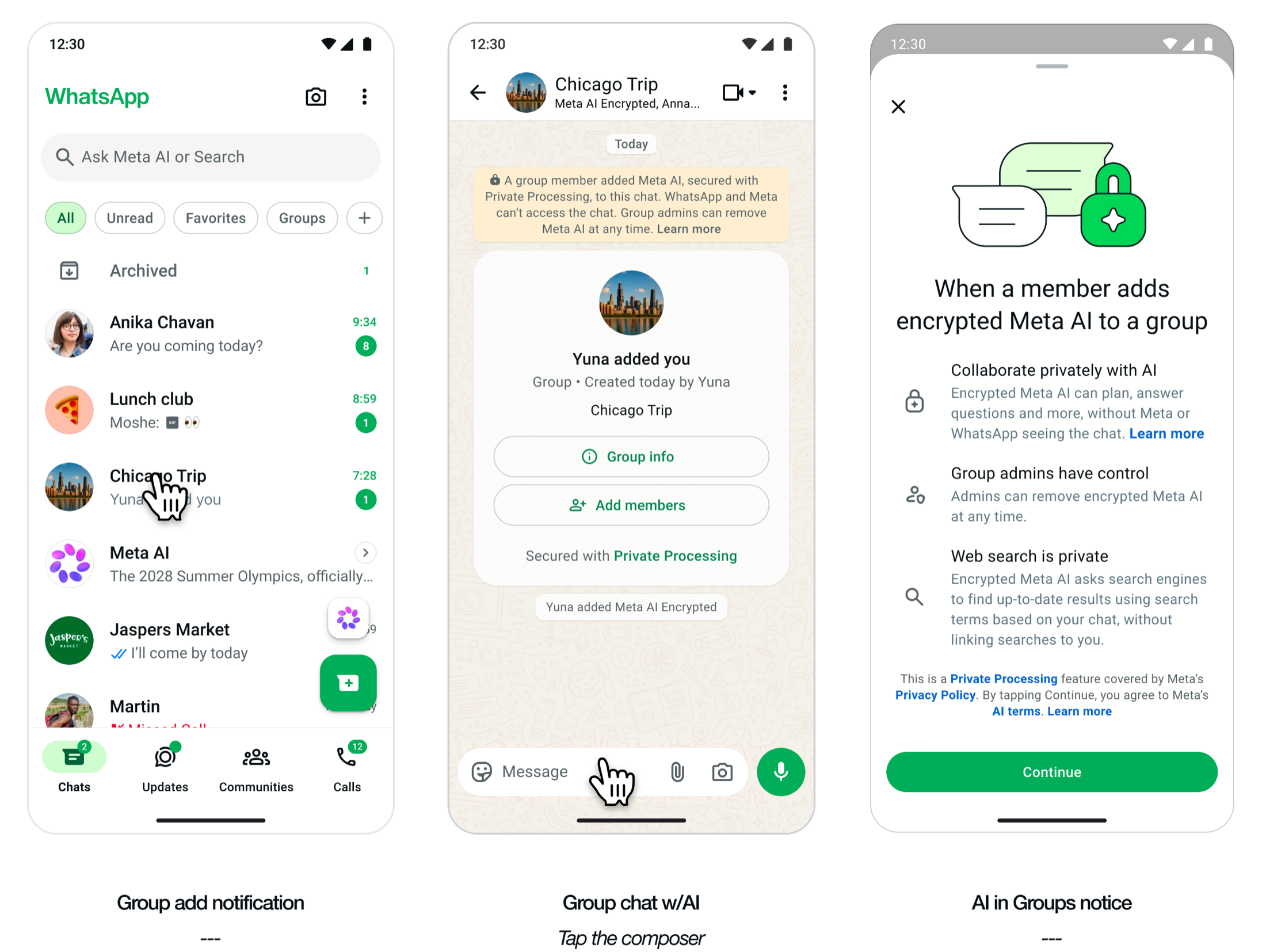 Meta AI Encrypted (TEE): receiver-side NUX when AI is new in a shared group.