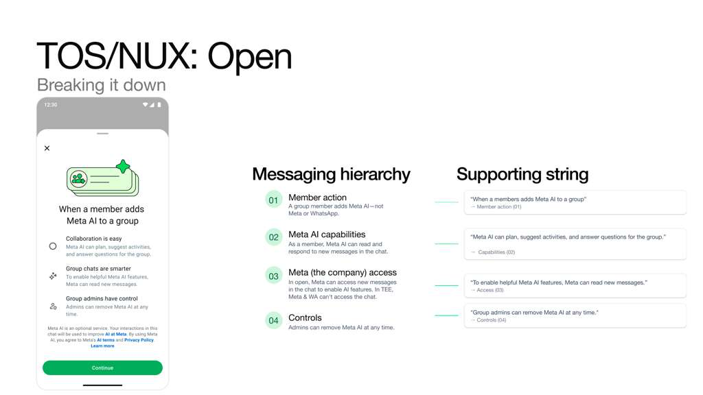 Aligned messaging: contextual ToS disclosure for Meta AI groups.