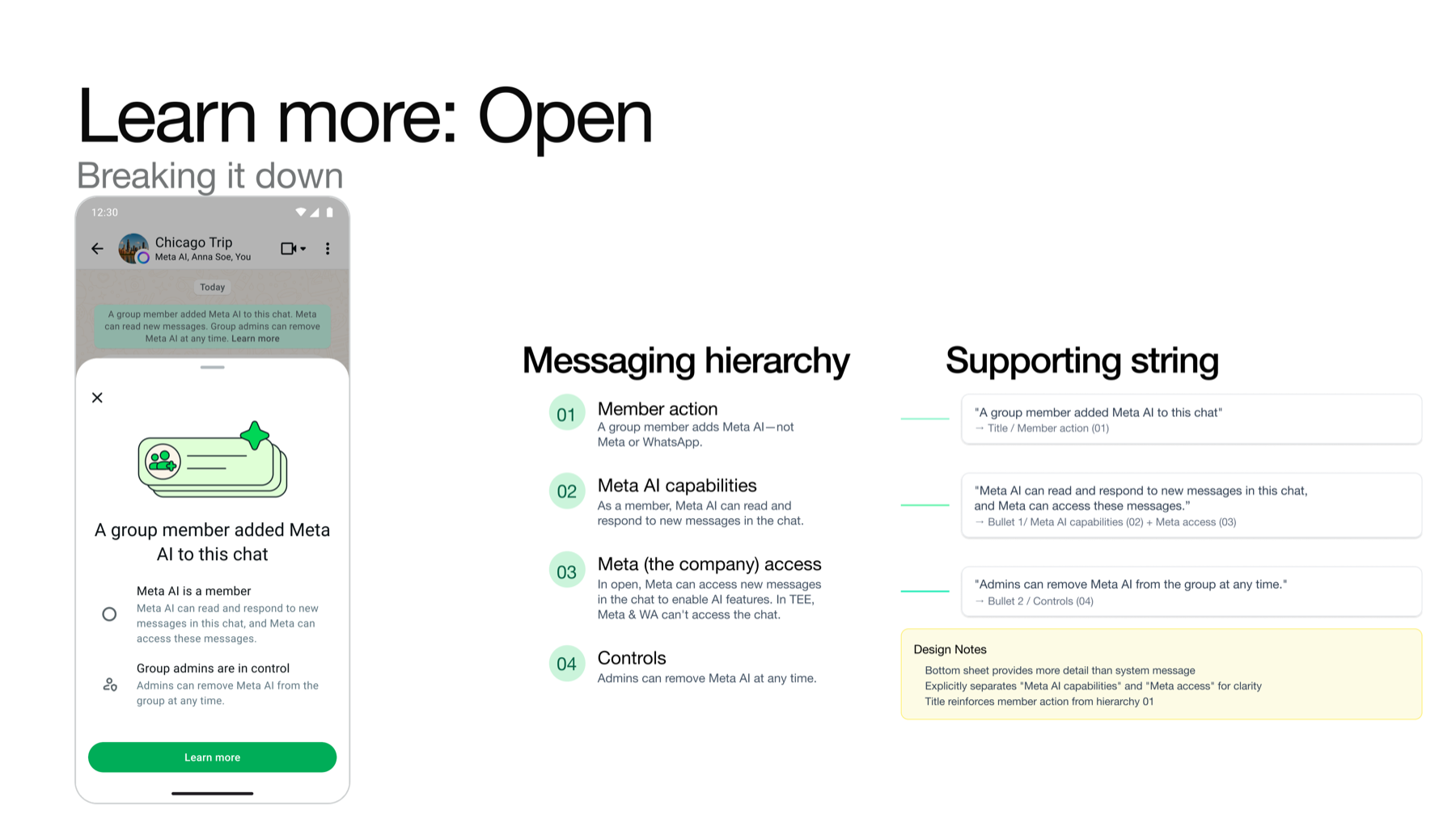 Aligned messaging · Learn more bottom sheet · Meta AI: on-demand transparency surface.