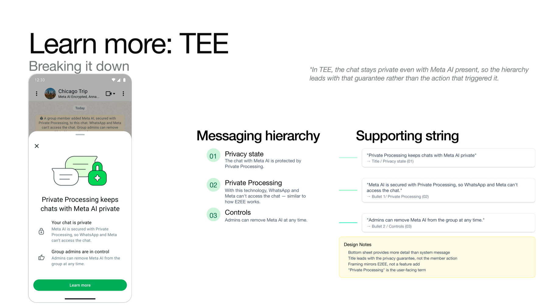 Aligned messaging · Learn more bottom sheet · Meta AI Encrypted: on-demand transparency surface with AI disclosures in context.
