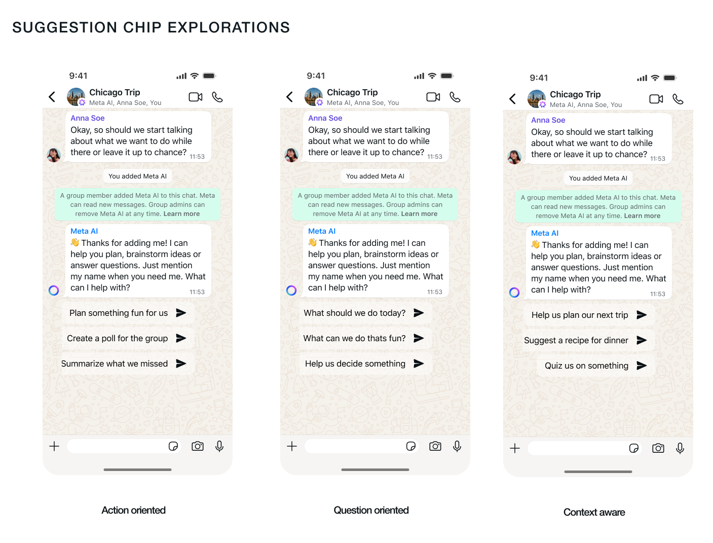Overview of suggestion chip content strategy: candidates and checks against voice and tone principles.