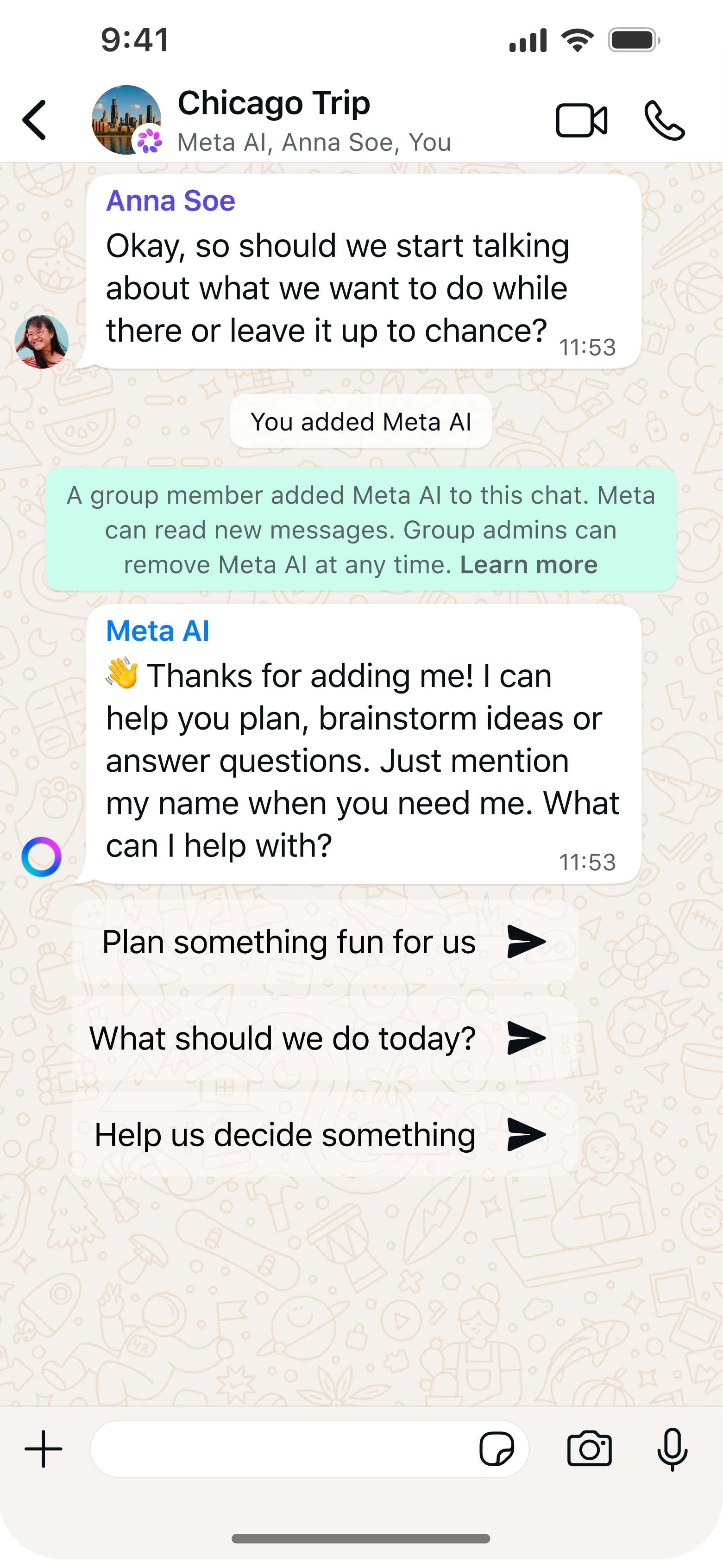 WhatsApp group chat: welcome message with suggested prompt chips below.